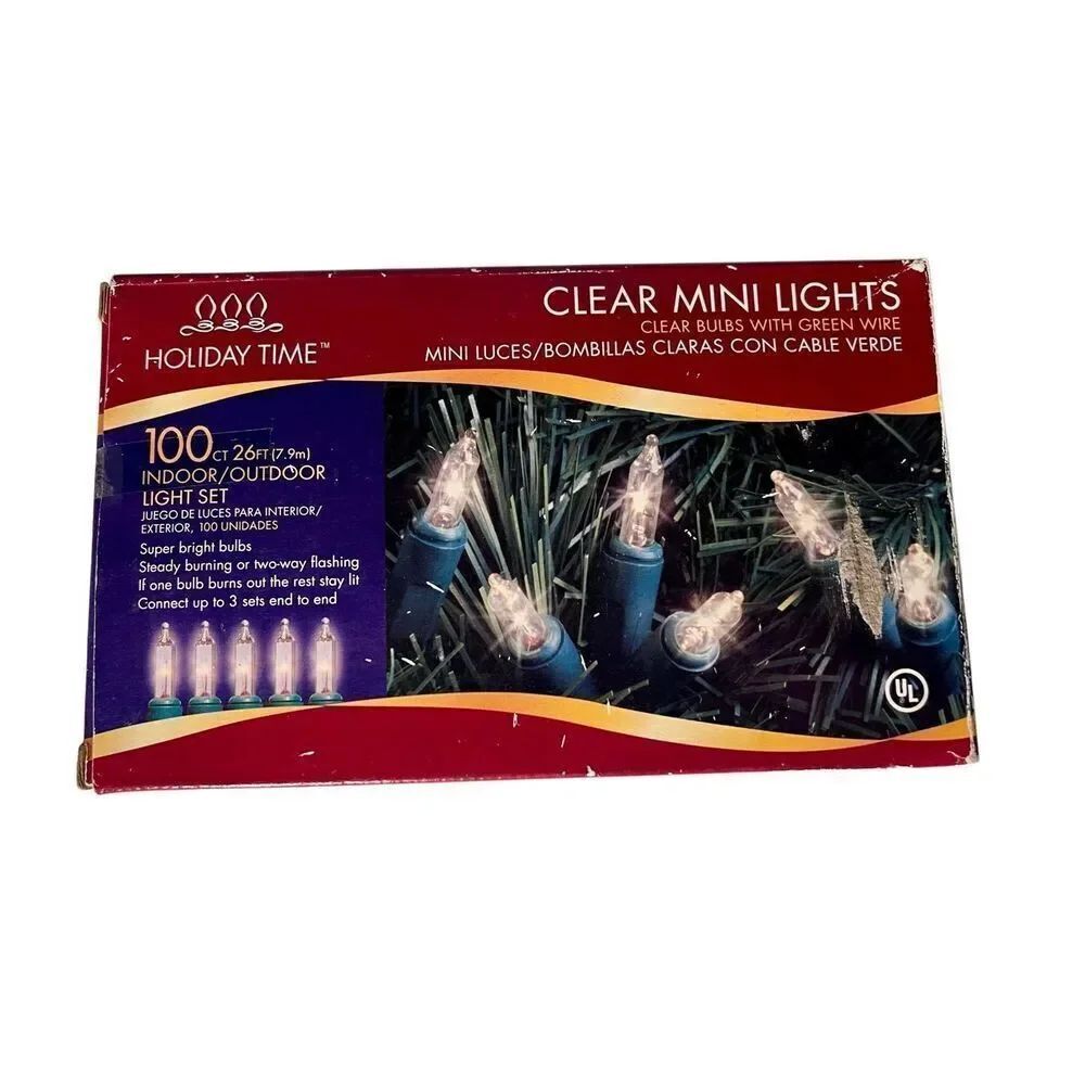 Holiday Time 100 Christmas Clear Mini Lights Set Green Wire 26 ft In Outdoor
